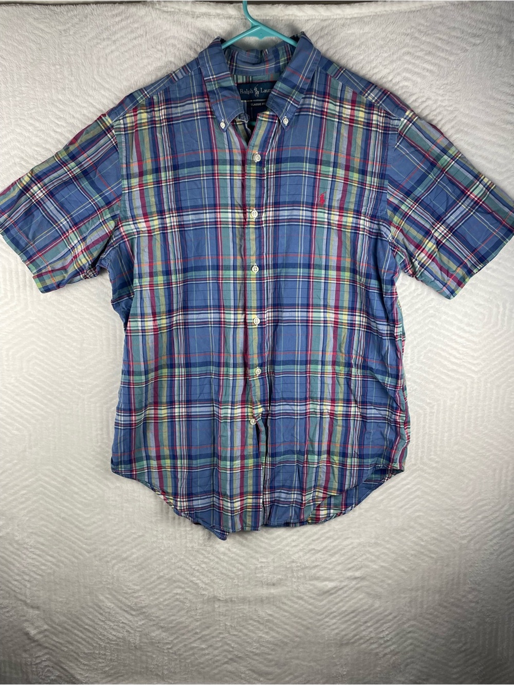 Ralph Lauren Blue Plaid Short-Sleeve Button-Down Shirt with Pink Logo